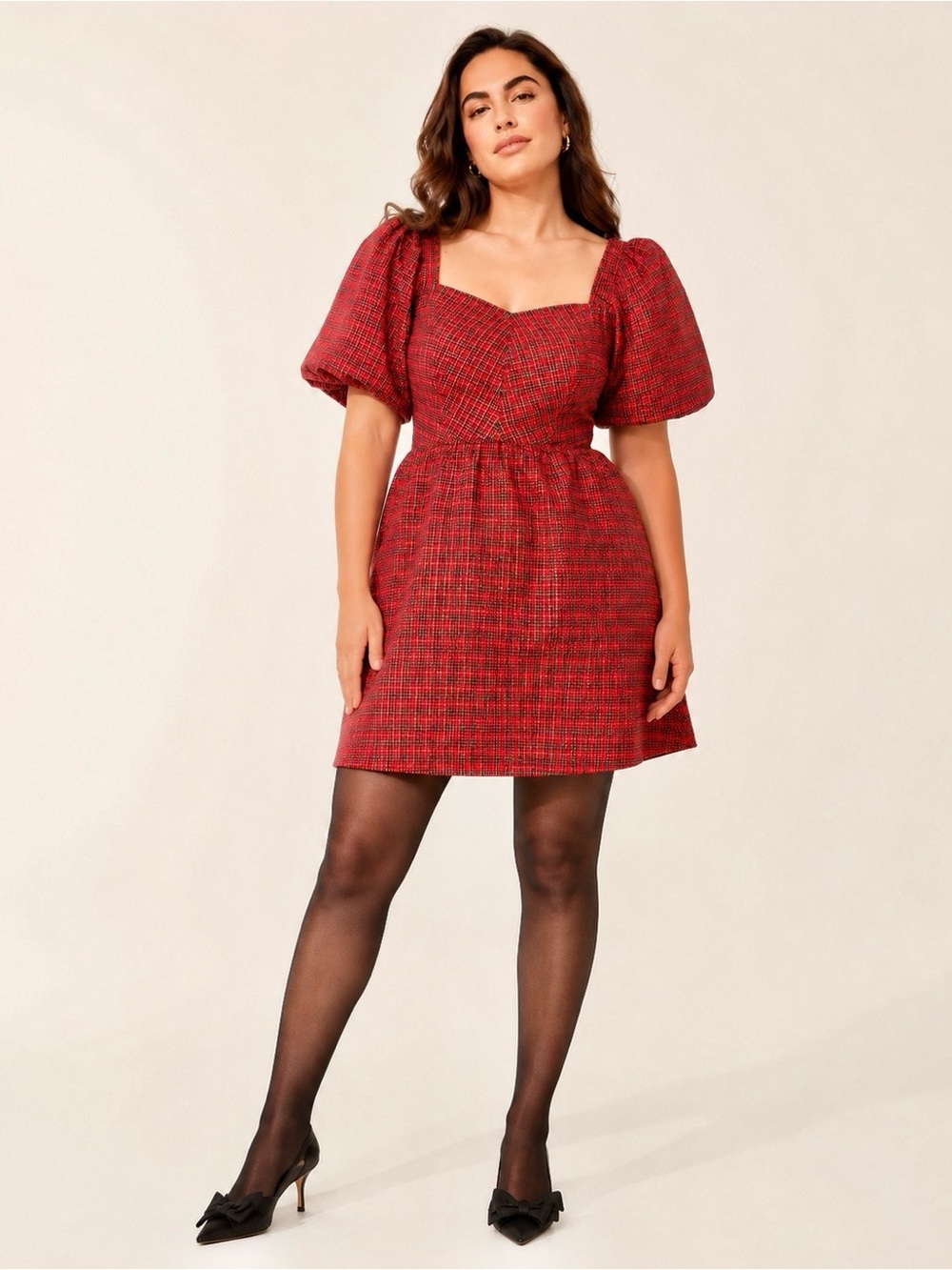 Old Navy Red Plaid Puff-Sleeve Mini Dress